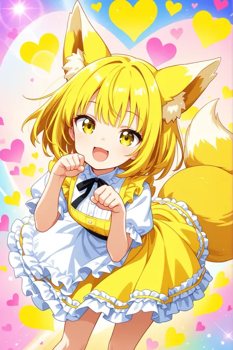 (masterpiece, top quality), (colorful),one girl at the Expo, fox ears,foxtail,long yellow hair,Yellow Ime, The Greatest Smile,opens her mouth,heart background,A yellow dress with lots of frills , super precise illustration, High Detail , Dynamic Angle, Be...