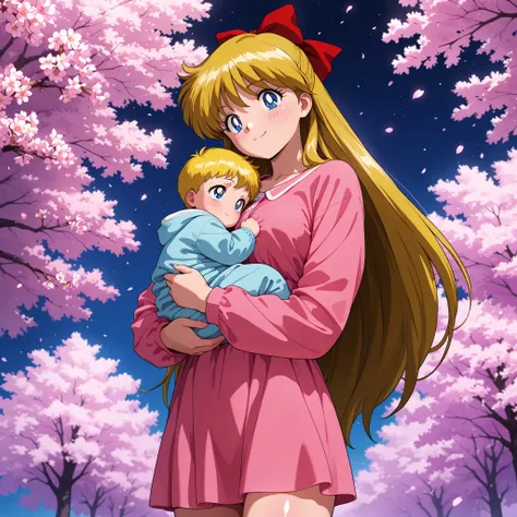 masterpiece, amazing quality, best quality, ultra-detailed, 8K, illustration, clear skin, ultra-detailed-eyes, soft skin, very awa, very as2, shiny skin, shiny hair, soft body, 90's style, official art, minako aino, blonde hair, blue eyes, hair bow, half u...