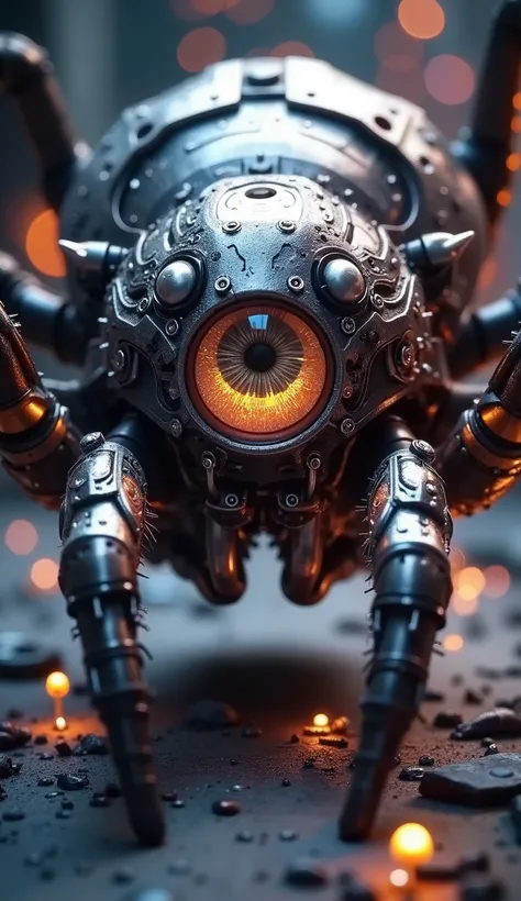 (((Pixel perfect, perfect detail))), mechanical Spider,, cybernetic eye, the eyes of a machine with exposed electronic circuits, cyberpunk city of the near future, high resolution, realistic, photographic, physically based rendering, extremely detailed, pr...