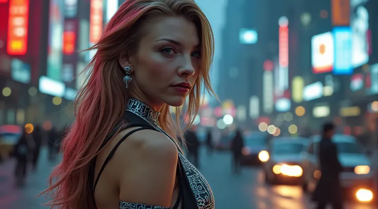 (aesthetic style), (Choker with LED accents), (Earrings with holographic designs), (High Heels with neon lights), (Stockings with circuit patterns), (hair accessories with tech designs), | (Long beautiful hair with vibrant colors), (interesting hair style ...