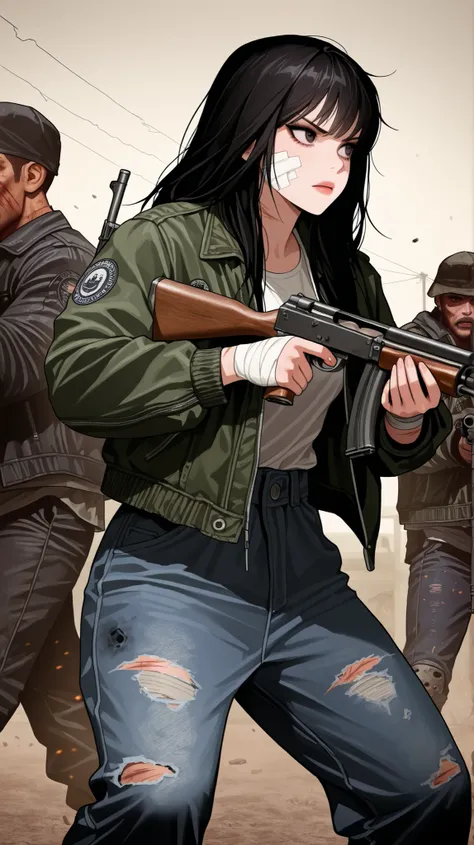 (32K, Masterpiece,sharp focus, thriller movie), korean girl, gang members in the background, in GTA Style, gang wars, shooting a gun, scars, battle damaged, bandages, jacket, baggy jeans, stern, sideview action shot