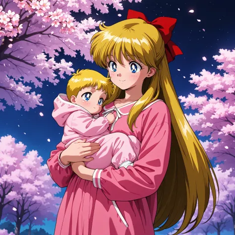masterpiece, amazing quality, best quality, ultra-detailed, 8K, illustration, clear skin, ultra-detailed-eyes, soft skin, very awa, very as2, shiny skin, shiny hair, soft body, 90's style, official art, minako aino, blonde hair, blue eyes, hair bow, half u...