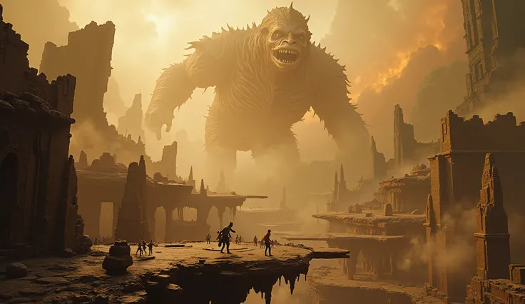 An epic cinematic poster of adventurers running across an ancient, floating temple disc — dwarfed by colossal, terrifying titanic beasts and crumbling ruins. Extreme wide-angle shot, towering skulls and fiery demon looming in the background. Harsh lighting...