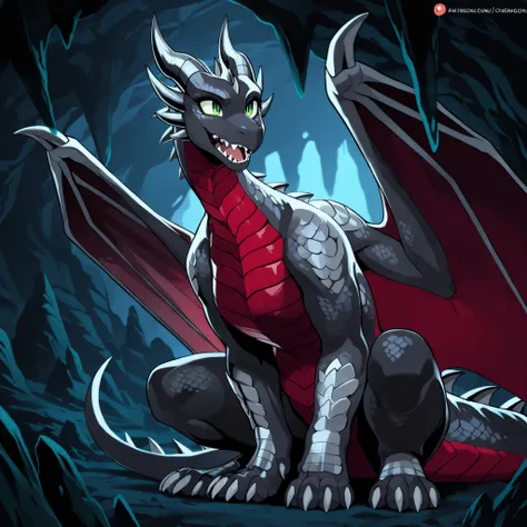 anime style, anime shading, clean lines, masterpiece, best quality, full body picture, centered, enderdragon, feral, dragon, female dragon, 1girl, long horns, wings, claws, tail, green eyes, perfect eyes, (overlapping red chest scales), dark silver scales,...