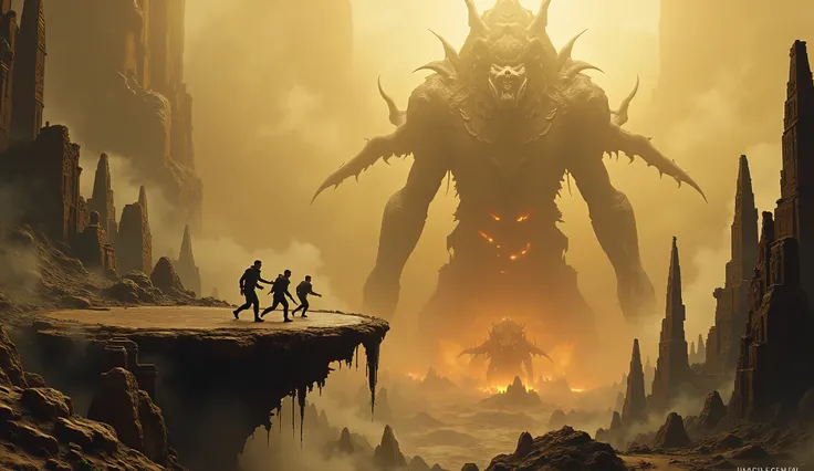 An epic cinematic poster of adventurers running across an ancient, floating temple disc — dwarfed by colossal, terrifying titanic beasts and crumbling ruins. Extreme wide-angle shot, towering skulls and fiery demon looming in the background. Harsh lighting...