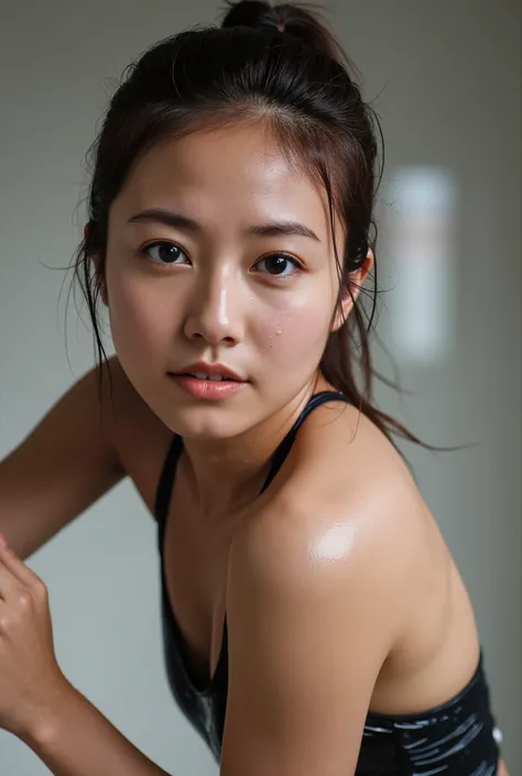 woman in wet tank top、Where it is in contact with the skin is transparent、active pose