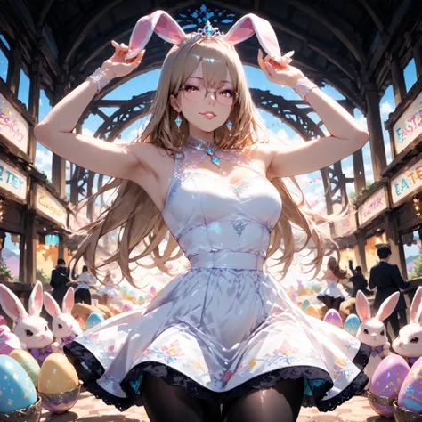 Masterpiece, top quality, absurd, high resolution, cinematic composition, ultra detailed, high quality,one sexy lady,cowboy shot,Easter Festival,easter eggs,dancing,Hold an Easter egg in your right hand,Stuffed rabbit, beautiful eyes,detailed eyes,long hai...