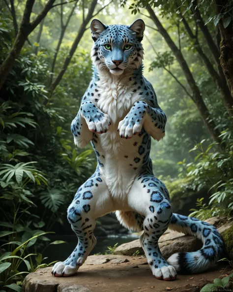 source_furry, source_9, score_8_up, score_7_up, full body, front view, ((solo)), feral, blue leopard, animal, stands upright, stands upright, hands up, looking at the viewer, (detailed background), nature, high quality, blue furred body, fluffy, with claws...