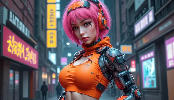 short hair, disheveled and pink, futuristic orange cyberpunk outfit with robotic arm, standing position, cityscape background with neon signs, vibrant colors, high contrast lighting, industrial atmosphere , slightly low-angle view, focus on the subject wi...
