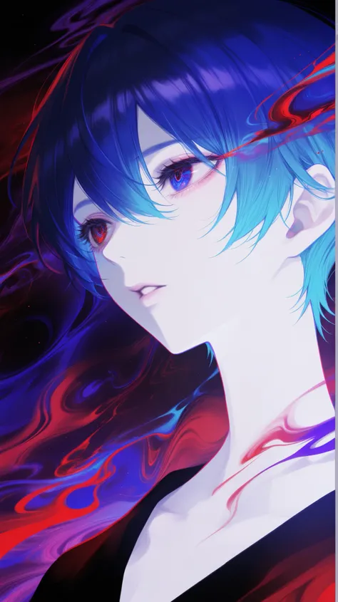 masterpiece, best quality, amazing quality, newest, very aesthetic, 1girl,Image is a digital painting in an abstract, expressive style, featuring a close-up portrait of an androgynous character with striking features. The character has short, vibrant blue ...