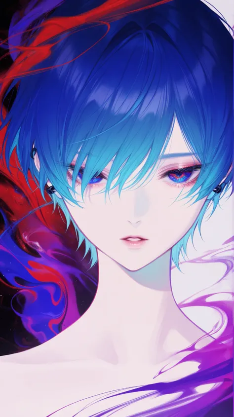 masterpiece, best quality, amazing quality, newest, very aesthetic, 1girl,Image is a digital painting in an abstract, expressive style, featuring a close-up portrait of an androgynous character with striking features. The character has short, vibrant blue ...