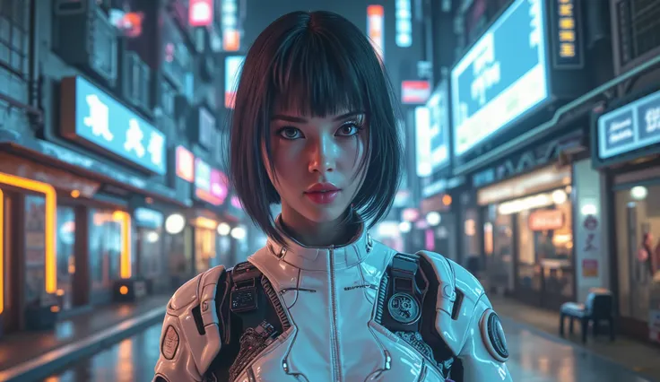 An attractive young woman in the uniform of a nurse from the future , details on the uniform , cybernetic parts , Who seems excited on a street in Tokyo Cyberpunk, He'night time.. short hair. neckline, Big