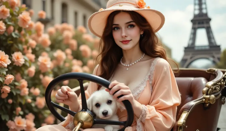 In the 1930s, a young, fair-skinned woman sits in a vintage brown and gold 5-seater car. She is wearing a flowing, elegant, light orange-colored, long-sleeved dress with a delicate lace bodice and a pearl necklace. She is also wearing a light peach-colored...