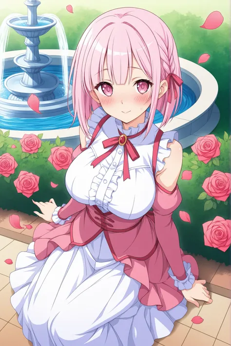  masterpiece、Highest quality、Tall、super detailed illustration、anime style、Rose Garden、 petals falling、blush、Big breasts、Tulle Skirt、Long Pink Hair、fountain、moonlight