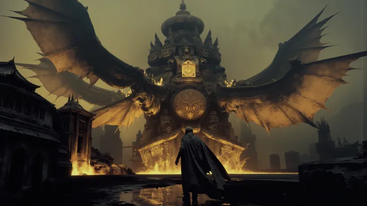 On a mysterious , is illuminated by the sky from an unseen source, A lonely silhouette stands in the center, Surrounded by huge, ornate, winged figures. surrounded by intricate buildings,让人联想到一座Otherworldly的大教堂, The atmosphere is both awe-inspiring and omi...