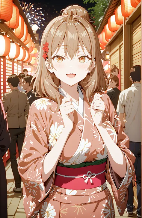 Maria Mikhailovna Kuzou, bungs, brown hair, hair ornament, hair between eyebrows, brown eyes, stupid hair,smile,blush,opens her mouth,side lock,single bun hair, Big Breasts,Black flower pattern kimono,standing,Light up fireworks,Japanese stalls ,Red Lanter...