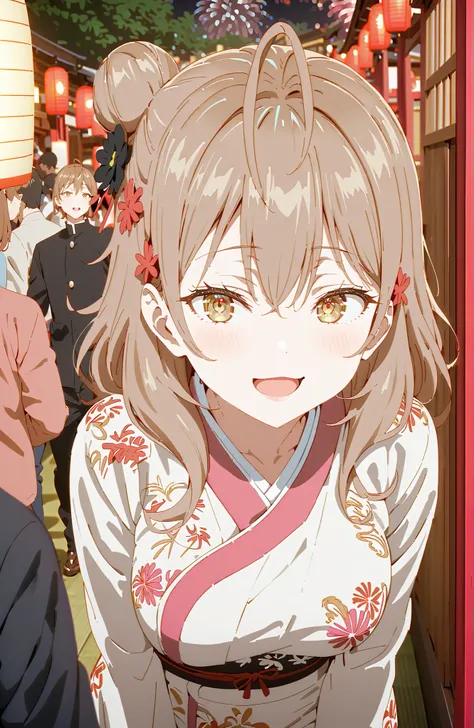 Maria Mikhailovna Kuzou, bungs, brown hair, hair ornament, hair between eyebrows, brown eyes, stupid hair,smile,blush,opens her mouth,side lock,single bun hair, Big Breasts,Black flower pattern kimono,standing,Light up fireworks,Japanese stalls ,Red Lanter...