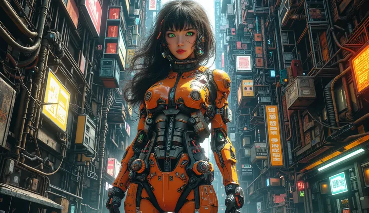 general plan, you can see the whole body, plano medio, Motoko Kusanagui , precious, female body in the movie Ghost in the Shell, you can see the whole body, orange and yellow cybernetic parts, You can see the face, The beautiful face, sexy, green eyes, ...