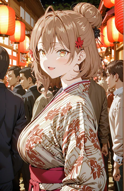 Maria Mikhailovna Kuzou, bungs, brown hair, hair ornament, hair between eyebrows, brown eyes, stupid hair,smile,blush,opens her mouth,side lock,single bun hair, Nape,Big Breasts,Black flower pattern kimono,standing,Light up fireworks,Japanese stalls ,Red L...