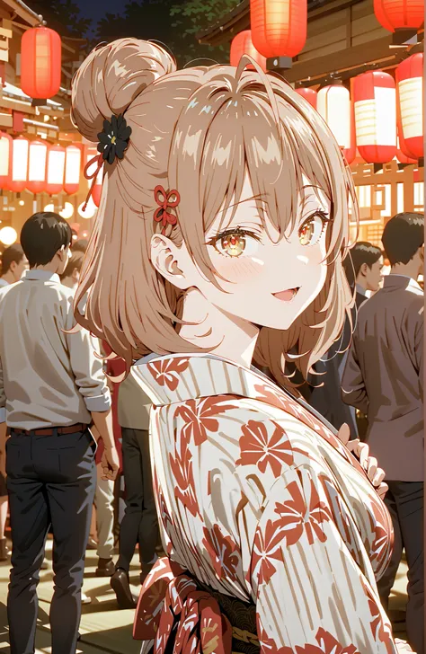 Maria Mikhailovna Kuzou, bungs, brown hair, hair ornament, hair between eyebrows, brown eyes, stupid hair,smile,blush,opens her mouth,side lock,single bun hair, Nape,Big Breasts,Black flower pattern kimono,standing,Light up fireworks,Japanese stalls ,Red L...