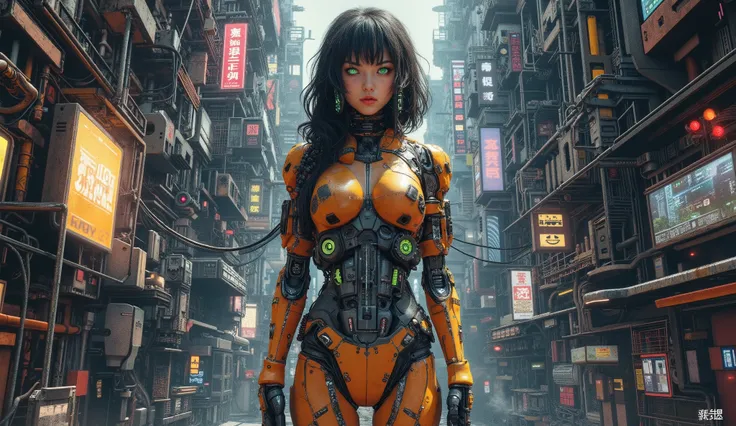 general plan, you can see the whole body, plano medio, Motoko Kusanagui , precious, female body in the movie Ghost in the Shell, you can see the whole body, orange and yellow cybernetic parts, You can see the face, The beautiful face, sexy, green eyes, ...