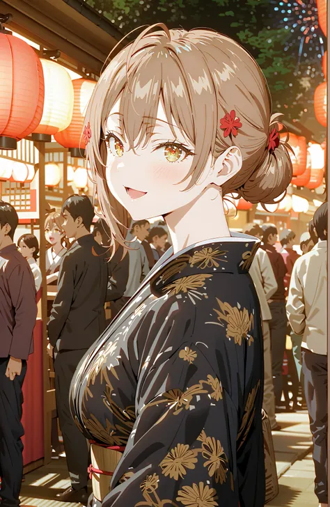 Maria Mikhailovna Kuzou, bungs, brown hair, hair ornament, hair between eyebrows, brown eyes, stupid hair,smile,blush,opens her mouth,side lock,single bun hair, Nape,Big Breasts,Black flower pattern kimono,standing,Light up fireworks,Japanese stalls ,Red L...