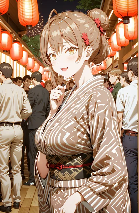 Maria Mikhailovna Kuzou, bungs, brown hair, hair ornament, hair between eyebrows, brown eyes, stupid hair,smile,blush,opens her mouth,side lock,single bun hair, Nape,Big Breasts,Black flower pattern kimono,standing,Light up fireworks,Japanese stalls ,Red L...