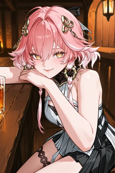 Персонаж changli из wuthering waves, soft pink hair to the shoulders,  tips white , very big eyes, with her eyes , surprisingly wide patterns, yellow eyes , Glass retina,   clothes of the changli character from the wuthering waves game ,   big plump lips  ...
