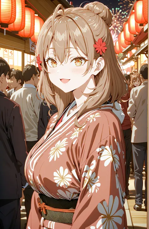 Maria Mikhailovna Kuzou, bungs, brown hair, hair ornament, hair between eyebrows, brown eyes, stupid hair,smile,blush,opens her mouth,side lock,single bun hair, Nape,Big Breasts,Black flower pattern kimono,standing,Light up fireworks,Japanese stalls ,Red L...