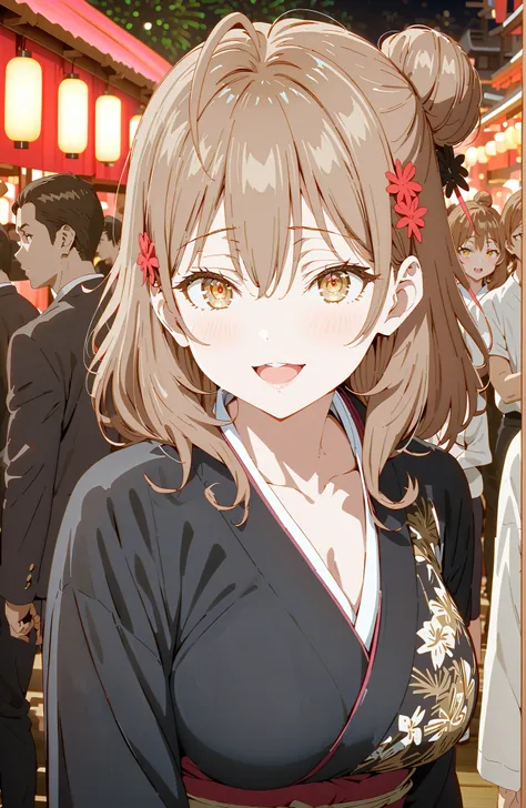 Maria Mikhailovna Kuzou, bungs, brown hair, hair ornament, hair between eyebrows, brown eyes, stupid hair,smile,blush,opens her mouth,side lock,single bun hair, Nape,Big Breasts,Black flower pattern kimono,standing,Light up fireworks,Japanese stalls ,Red L...