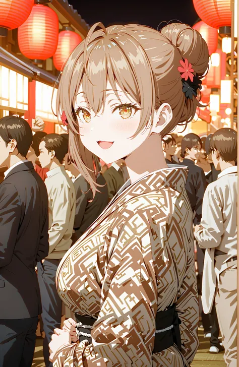 Maria Mikhailovna Kuzou, bungs, brown hair, hair ornament, hair between eyebrows, brown eyes, stupid hair,smile,blush,opens her mouth,side lock,single bun hair, Nape,Big Breasts,Black flower pattern kimono,standing,Light up fireworks,Japanese stalls ,Red L...