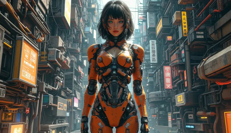 general plan, you can see the whole body, plano medio, Motoko Kusanagui , precious, perfect face, female body in the movie Ghost in the Shell, hourglass body, you can see the whole body, orange and yellow cybernetic parts, You can see the face, The beau...