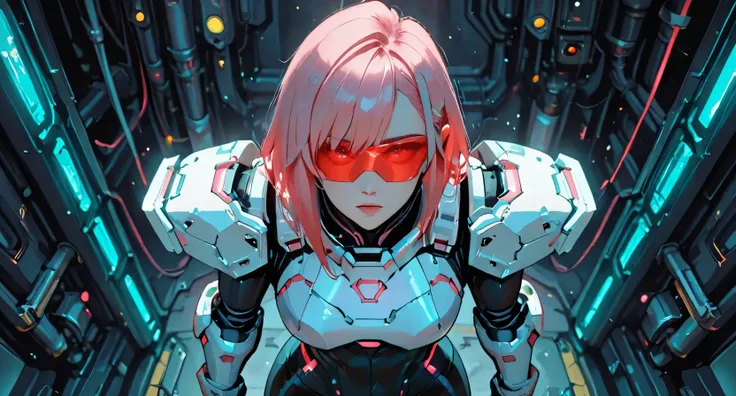short light pink hair, futuristic armor with glowing accents, black and silver armored shoulders, tight-fitting suit in shades of pink, red hair accessory, standing confidently, mechanical background with illuminated lights, vibrant and dynamic lighting fr...