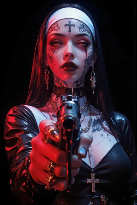 (front view,portrait,from below),fashion photography portrait,1girl, photorealistic,beautifully detailed eyes,real skin,top quality ,Ultra Fine,mafia ,face Tattoo, targets viewers with a Pistol in her right hand, has a weapon, Pistol, has a gun, and aim fo...