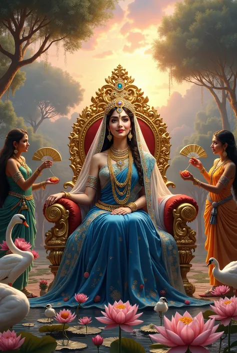 AI Art Prompt:

Shree Radha Rani, the divine queen of Vrindavan, sits gracefully on an opulent golden throne, intricately carved with lotus motifs and adorned with sparkling gemstones. She wears a resplendent blue saree, woven with delicate gold and silver...