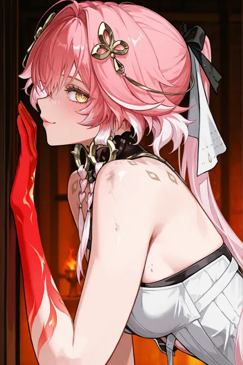 Персонаж changli из wuthering waves, soft pink hair to the shoulders,  tips white , very big eyes, with her eyes , surprisingly wide patterns, yellow eyes , Glass retina,   clothes of the changli character from the wuthering waves game ,   big plump lips  ...
