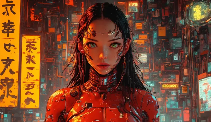general plan, you can see the whole body, plano medio, Motoko Kusanagui , precious, perfect face, female body in the movie Ghost in the Shell, hourglass body, you can see the whole body, orange and yellow cybernetic parts, You can see the face, The beau...
