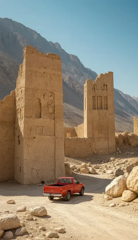 in high-definition images、Ancient ruins in Iran　spectacular ruins at the foot of a mountain in the Malibu Dasht Plain in southern Iran。walls and columns made of giant rocks、Clear skies、walls depicting animals、riding in a red pickup、sense of scale of arid ...