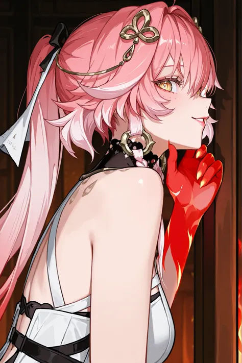 Персонаж changli из wuthering waves, soft pink hair to the shoulders,  tips white , very big eyes, with her eyes , surprisingly wide patterns, yellow eyes , Glass retina,   clothes of the changli character from the wuthering waves game ,   big plump lips  ...