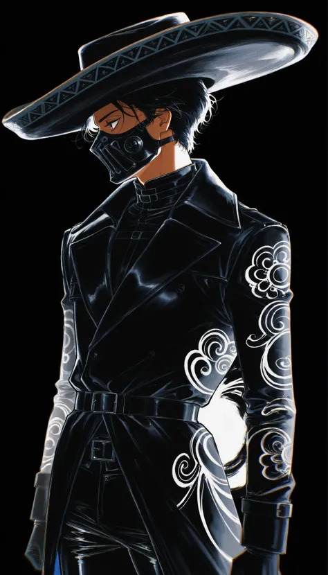 (drawing in white on black),black background,white spots,Abstract,drawing with tempera, Artistic,watercolors,stained,shaded on the background,dramatic lighting,hunter,in black,black victorian hat,cara tapada,profile,Portrait, black leather coat, Long black...