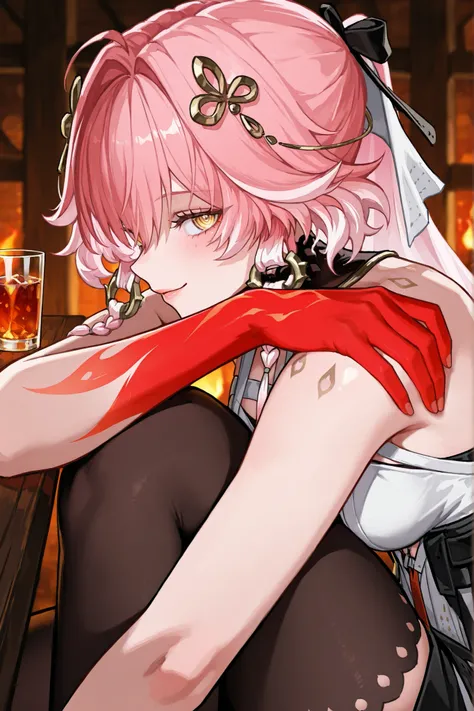 Персонаж changli из wuthering waves, soft pink hair to the shoulders,  tips white , very big eyes, with her eyes , surprisingly wide patterns, yellow eyes , Glass retina,   clothes of the changli character from the wuthering waves game ,   big plump lips  ...