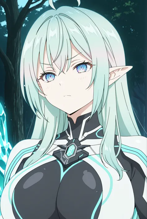 masterpiece、Highest quality、Tall、super detailed illustration、anime style、Elf Tree、 magic glow、Big breasts、Elf Warframe、Long Emerald Hair、Magic Crystal、firefly