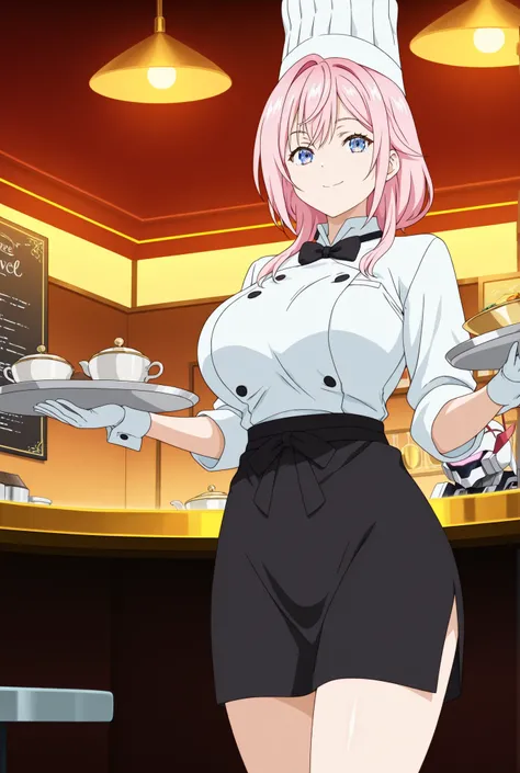  masterpiece、Highest quality、Tall、super detailed illustration、anime style、space restaurant、Hologram menu、Big breasts、Waiter uniform、golden plate、robot chef、suspended tableware