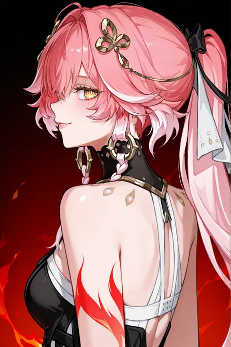 Персонаж changli из wuthering waves, soft pink hair to the shoulders,  tips white , very big eyes, with her eyes , surprisingly wide patterns, yellow eyes , Glass retina,   clothes of the changli character from the wuthering waves game ,   big plump lips  ...