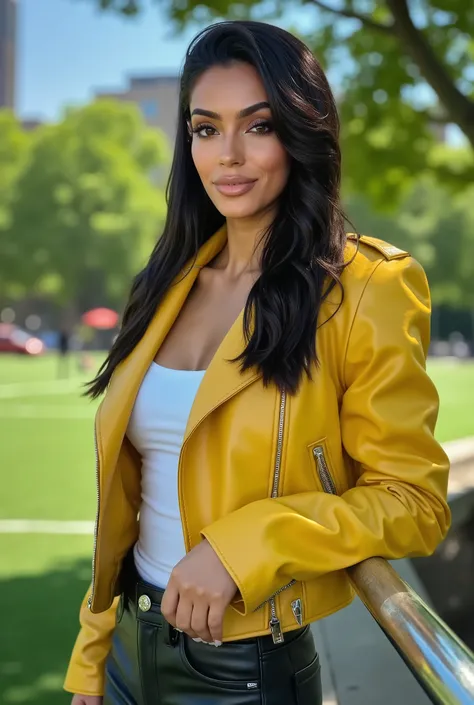 Foto hiperrealista en primer plano de Valentina Maceri, masterpiece, best quality, (photorealistic:1.4), (leather yellow cropped biker JACKET over white tank top:1.1), (leather jeans:1.2) heels, in the New York Central Park, sunny day, cinematic light, bea...