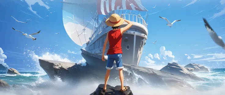  One Piece，Luffy，standing on a stone by the sea，looking at a big boat in the distance，Detailed stone， Rich Details ，Sea，blue sky and white clouds，Seagull，Light and Shadow，8k，artstation，