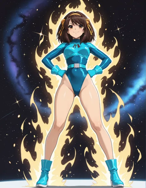 Masterpiece, best quality, high res, 8k, solo, solo focus, 1girl, sysdeep_haruhi, suzumiya haruhi as a superhero, (blue highleg leotard with white accents), (high waisted belt:1.4, tight belt:1.4), (bare legs:1.4), matching gloves, (matching boots, blue an...