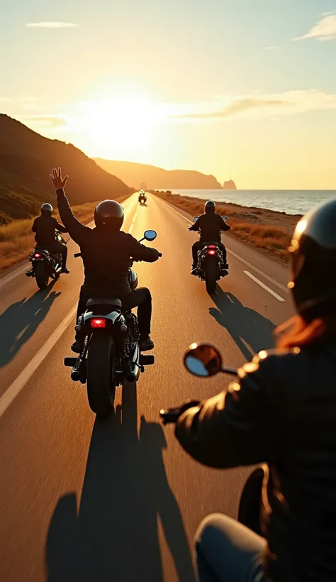 POV shot from the last biker riding behind a group of 5 motorcycles cruising in the same direction on the Atlantic Ocean Road in Norway. All bikes are moving forward in the same lane, naturally spaced, with one or two riders raising a hand in joy or giving...