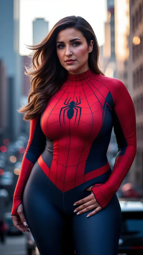 A curvy, confident woman wearing a Spider-Man costume, designed to fit snugly over her figure. The costume features the iconic red and blue color scheme with black web patterns and a bold spider emblem on her chest. The fabric appears sleek and reflective,...