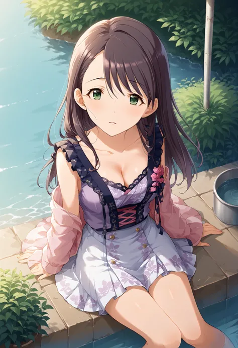 (((Nishikawa Honami ))),((private clothes)),purple sleeveless,white short skirt,Outdoors,((shot from above)),medium breasts,open chest,cleavage,thigh,sit,long hair,Ulchan-6500-v1.1, ( RAW photos :1.2), Beautiful Detailed, very detailedな目 美しい目,beautiful eye...